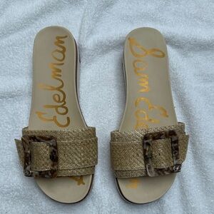 Sam Edelman Tan Woven Slide Sandals with Tortoiseshell Buckles